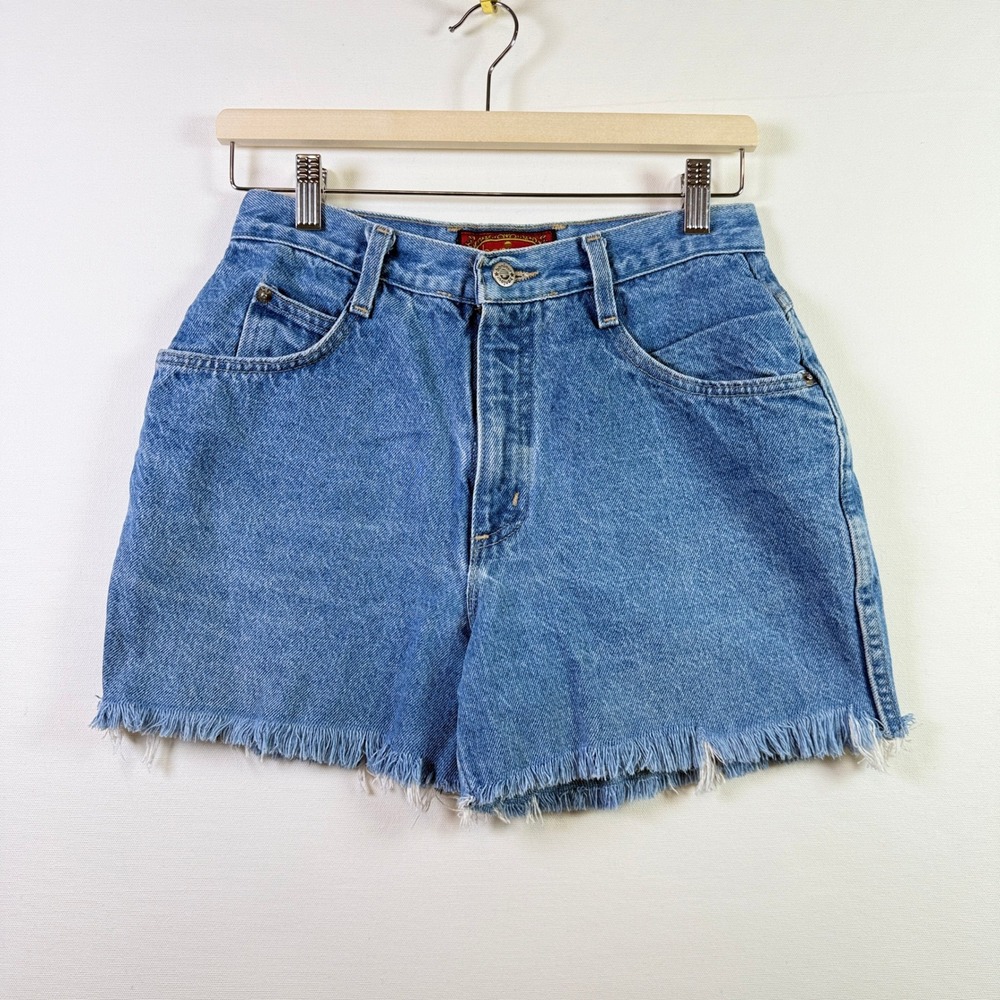 BONJOUR Blue Vintage High Waisted Raw Hem Denim Shorts 3/4